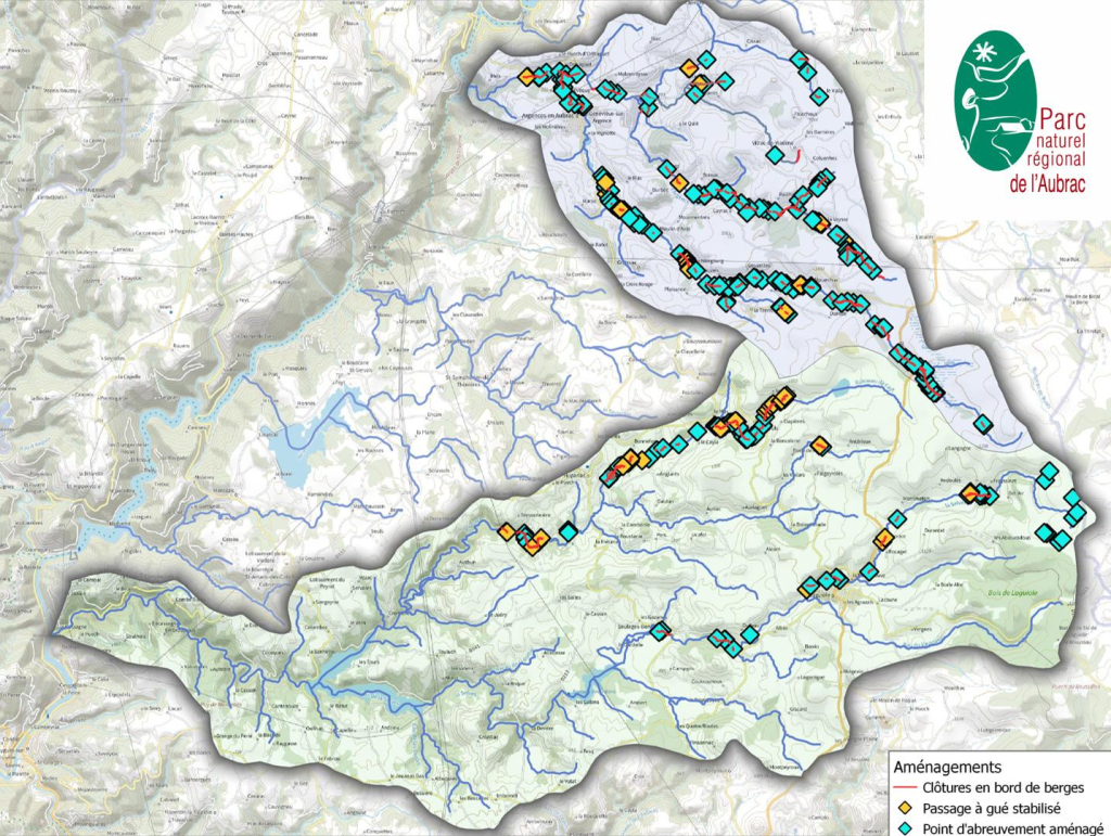 Carte des interventions sur le bassin versant de l'Argence et la Selves - PNR Aubrac