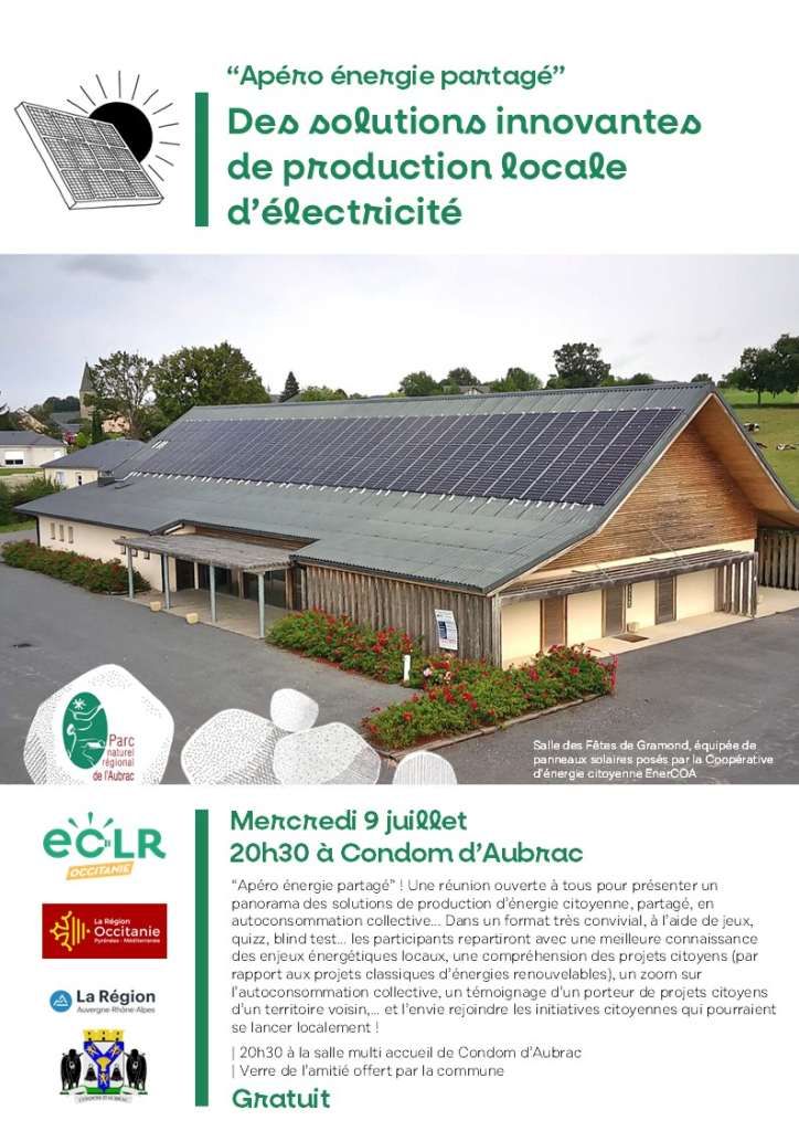 Mercredi 9 juillet, 20h30 à la salle des fêtes de Condom d’Aubrac, le Parc et l’association EC-LR proposent un “Apéro énergie partagée”