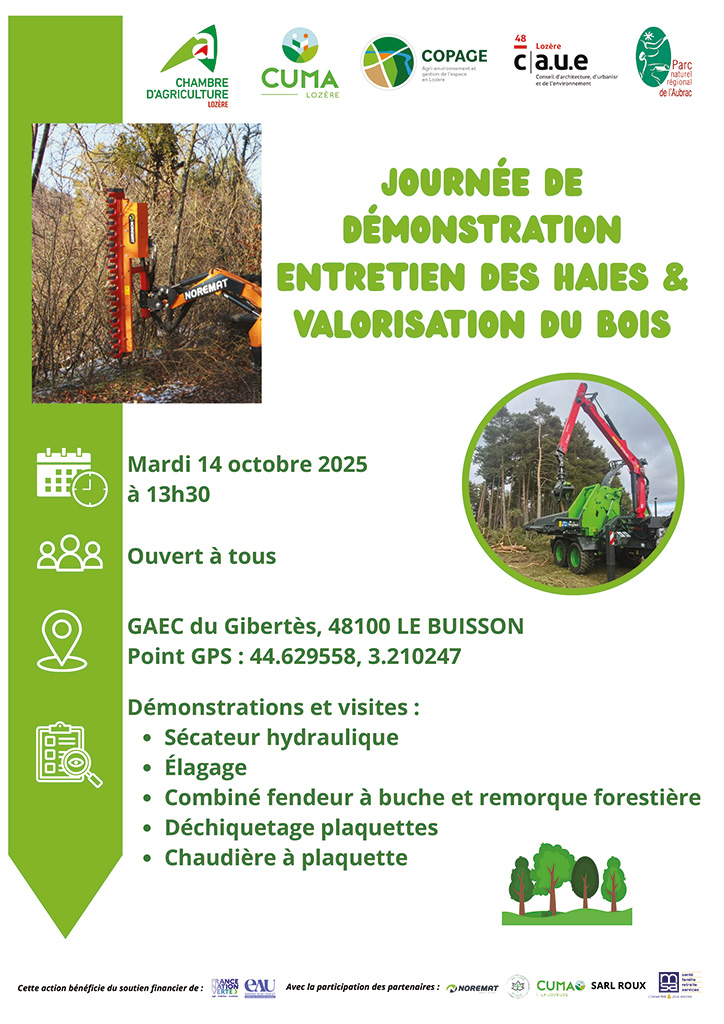 Mardi 14 octobre 2025 au Buisson : Journée de démonstration de matériels d’entretien des haies et de valorisation du bois