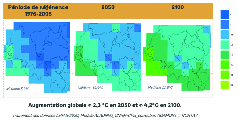 Température moyenne de l'air en Aubrac en 2050 et 2100 - PNR Aubrac